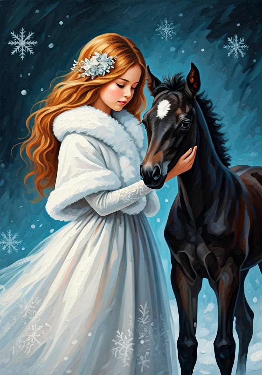 Winter Wonderland Scene with Young Girl and Foal in Christma...