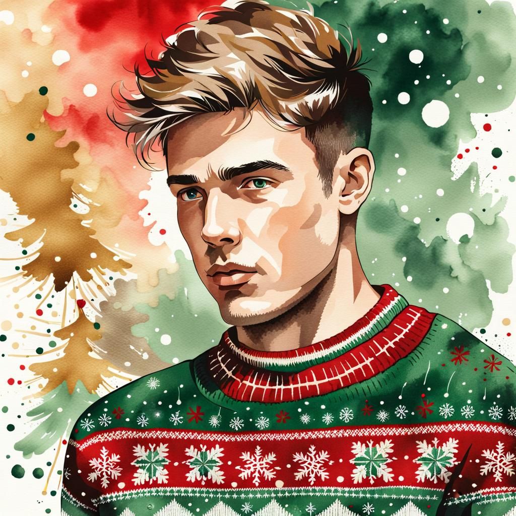 Festive Young Man in Knitted Christmas Sweater