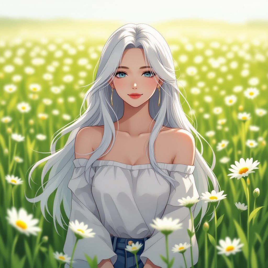 Woman in White Amidst White Flowers, Anime Wallpaper Style