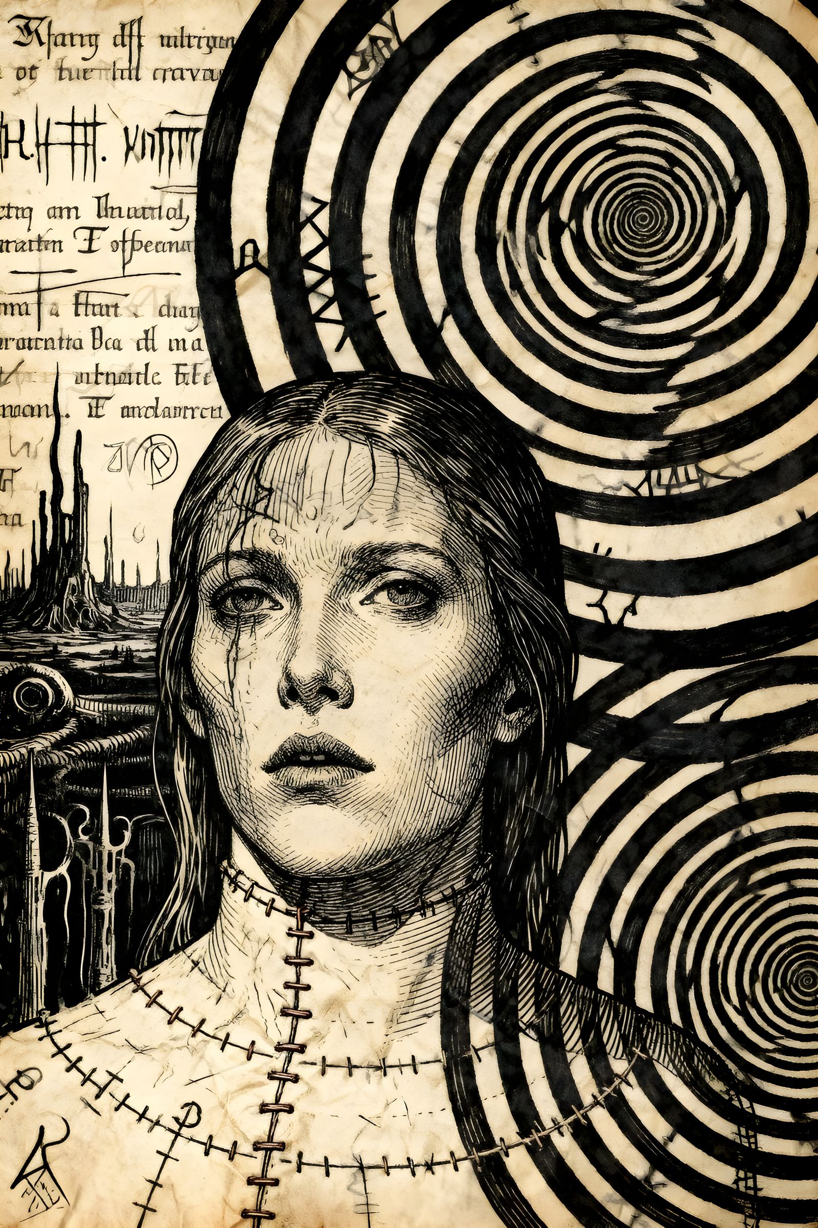 Mystical Figure in Gothic Surrealism with Recursive Patterns