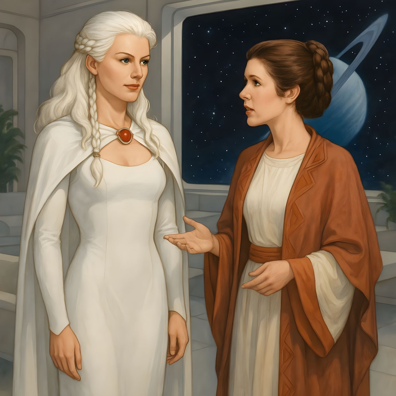 Winter and Leia Plan Rebellion in Futuristic Lounge