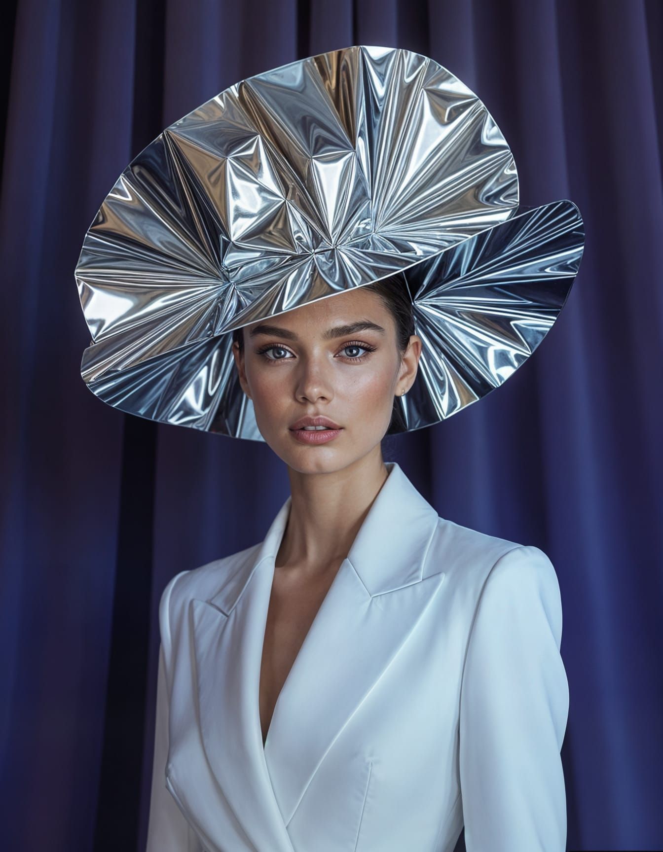 Avant-Garde Fashion Model in Sculptural Foil Hat