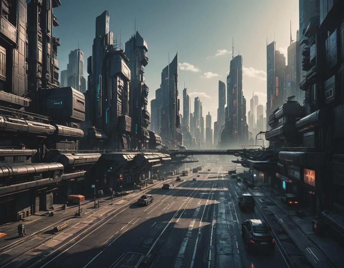 Sunny Day in Dark Sci-Fi Cyberpunk City