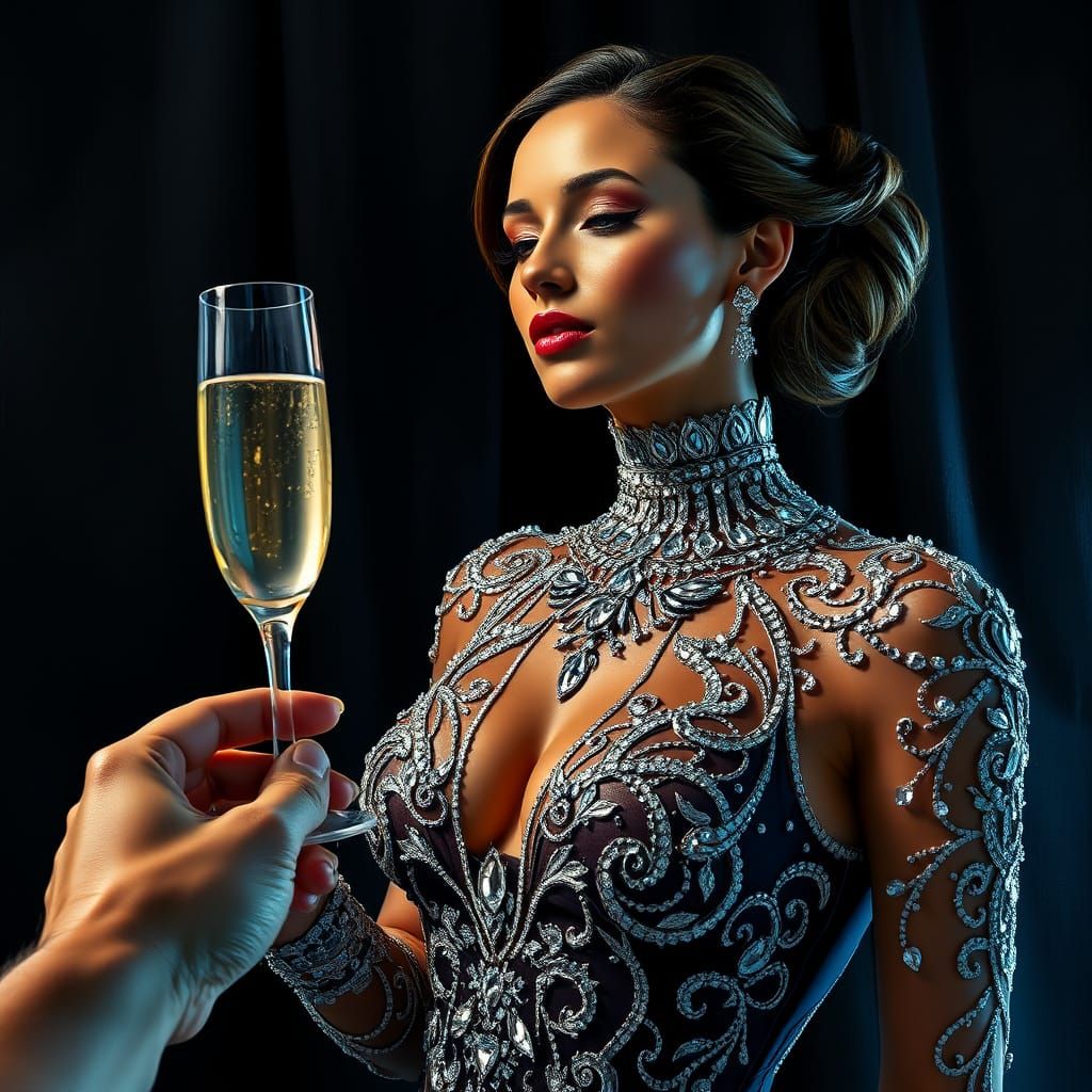 Luxurious Woman in Opulent, Swirling Bodysuit with Champagne