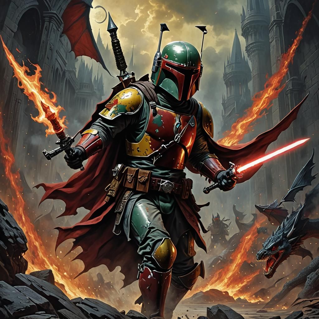 Medieval Boba Fett Dragon Fight: Sinister Horror Art