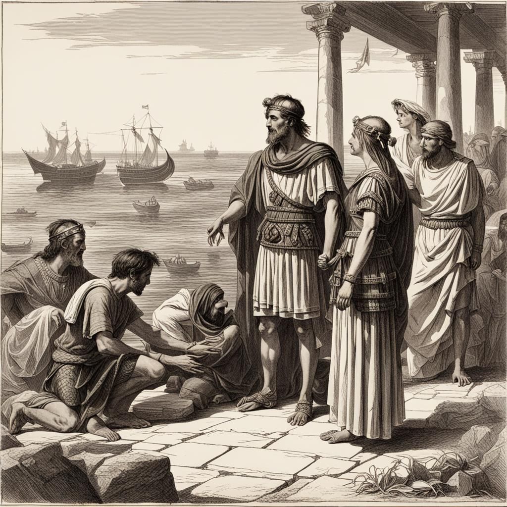 Ancient Roman Pirates Selling Captive Girl by Sea