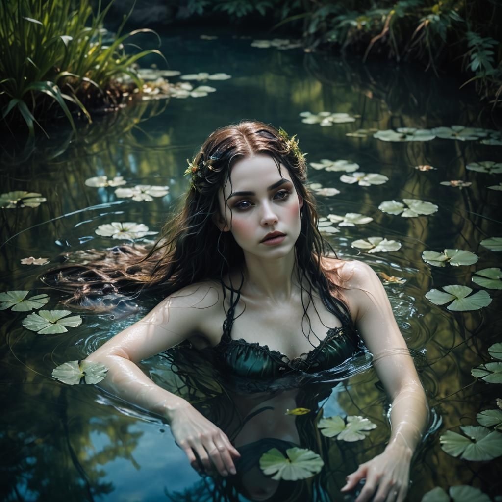 Gothic Nymph in Magical Pond, Fine Art Portrait