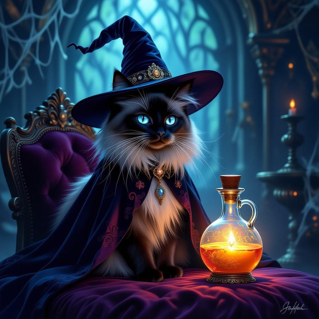 Regal Siamese Witch Cat with Glowing Potion