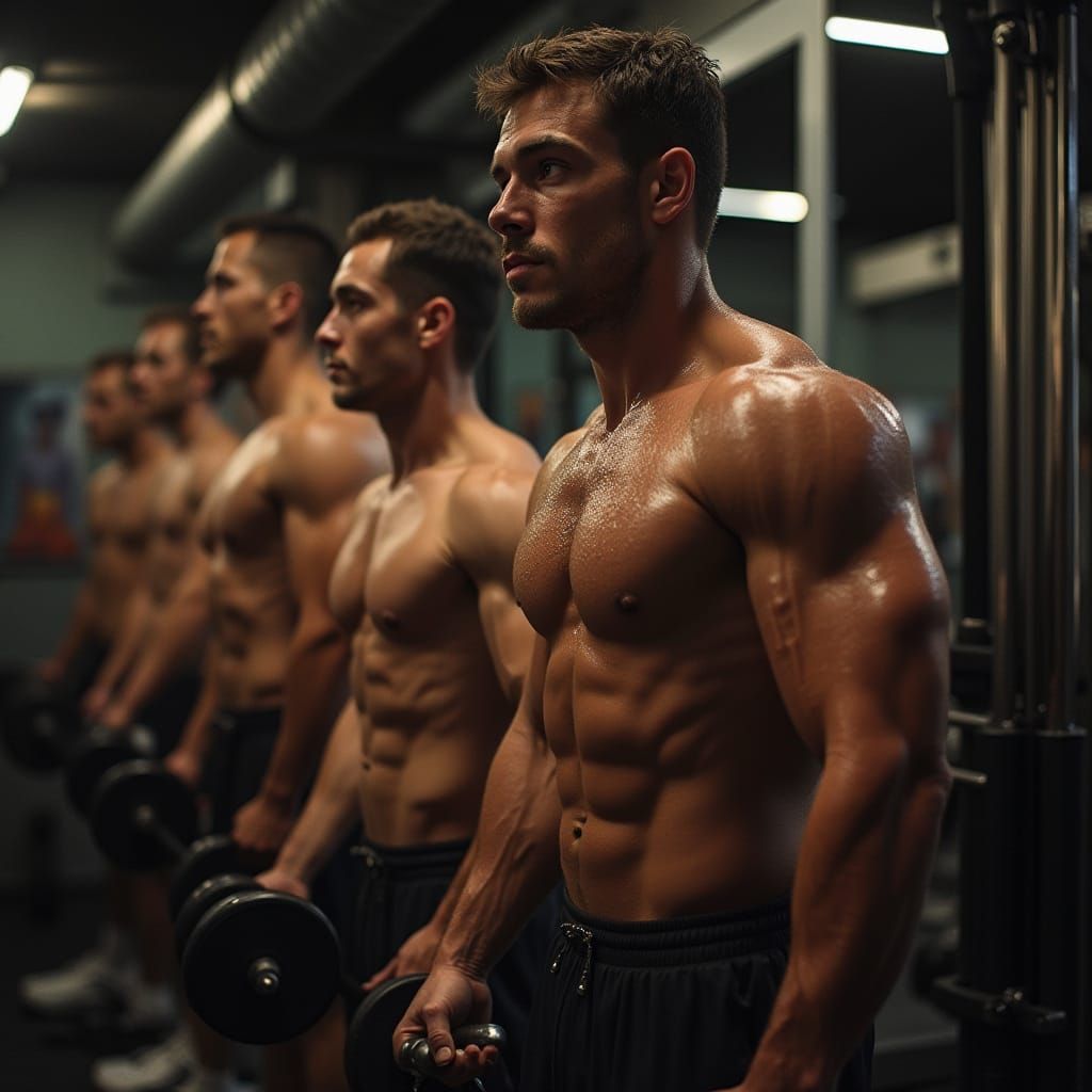 Muscular Men Pump Iron in Moody Gym