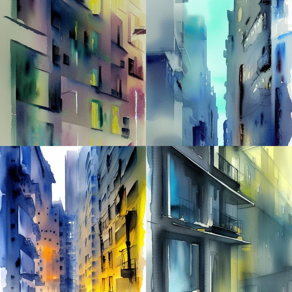 Abstract Watercolor Apartment Buildings at Night