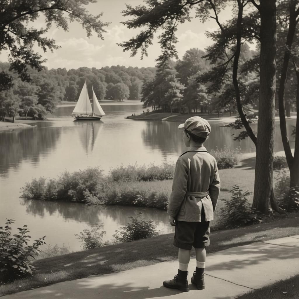 Boy Watching Sailboat on Lake, 1920s Style