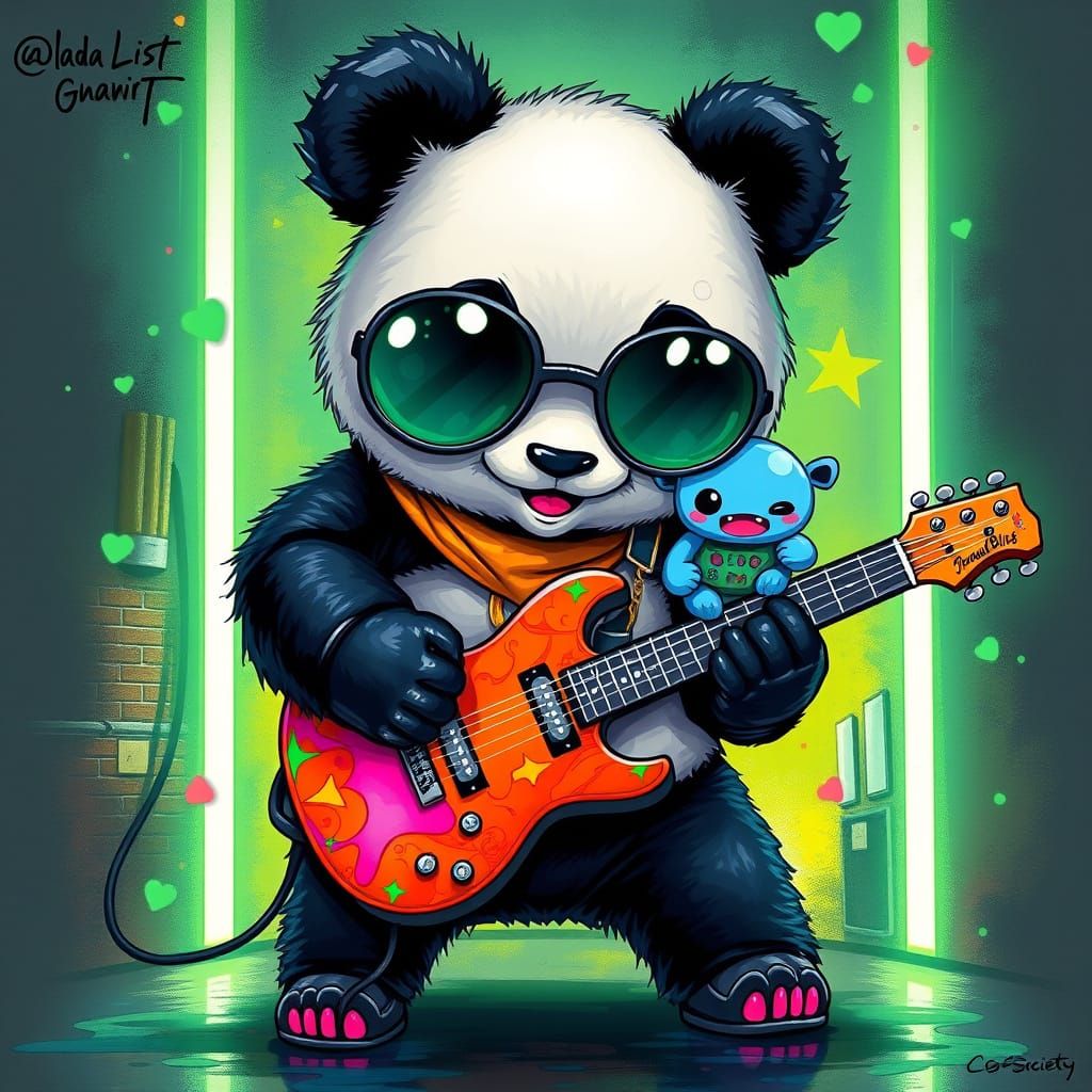 Kawaii Panda Rockstar in Funky Graffiti Style