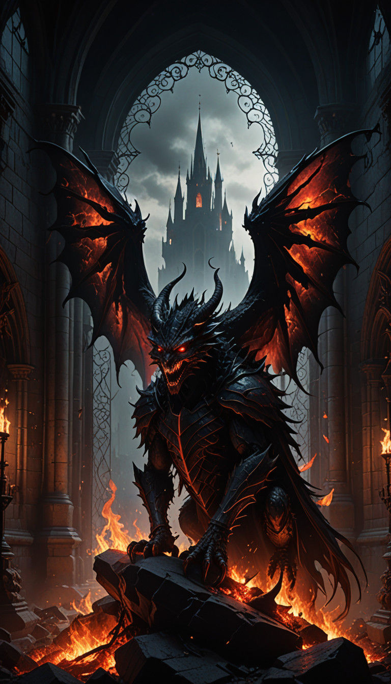 Epic Dark Creature with Demonic Wings Engulfed in Flames