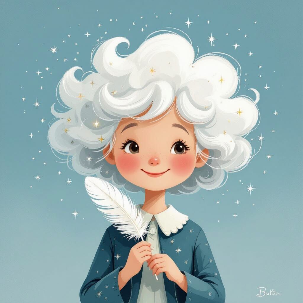 Whimsical Character with Cloud Hair, Storybook Illustration