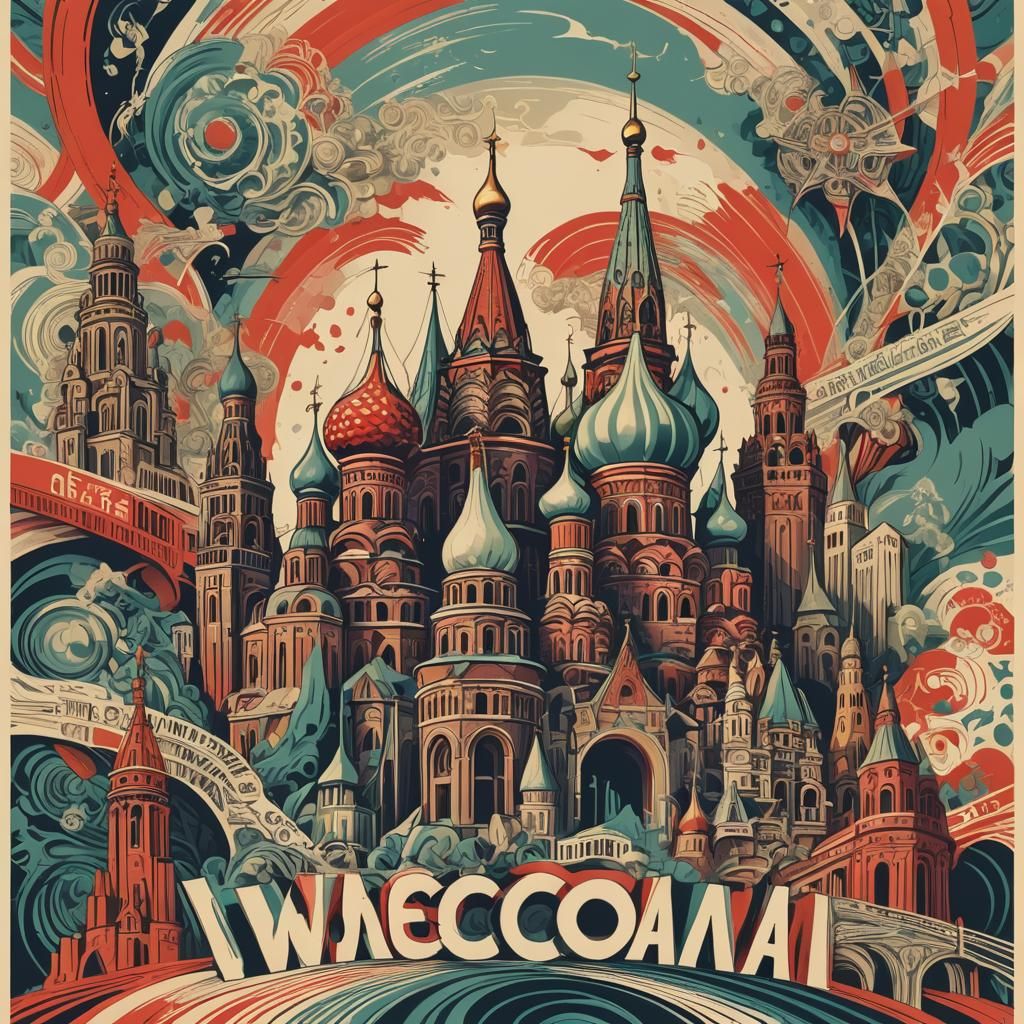 1950s Russian Propaganda Poster of Russian Landmarks