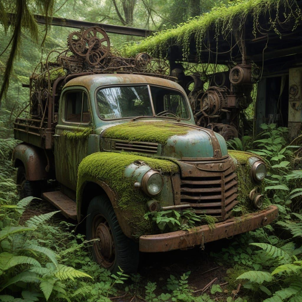 Surreal Clockwork Garden Overgrown with Moss and Vines