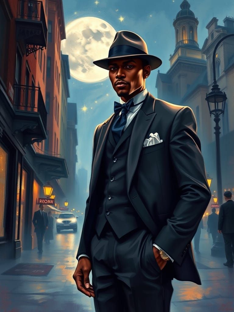 Dapper Gentleman in 1920s Harlem Nighttime Scene, in Vibrant...