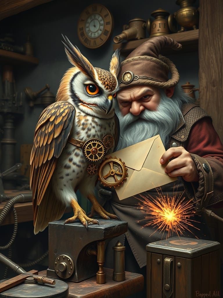 Steampunk Owl Delivers Letter to Dwarf Smithy in Realistic O...