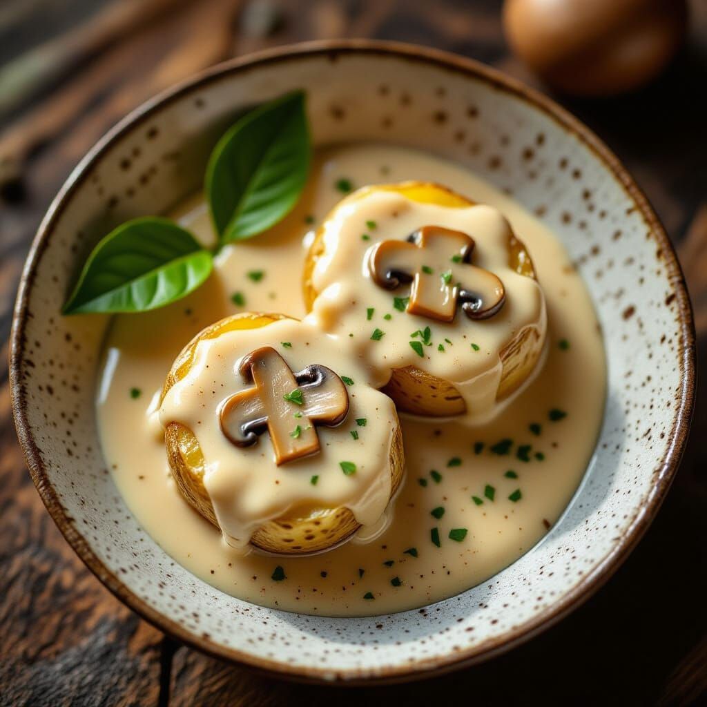 Golden Potato Borax with Mushroom Sauce on Rustic Plate