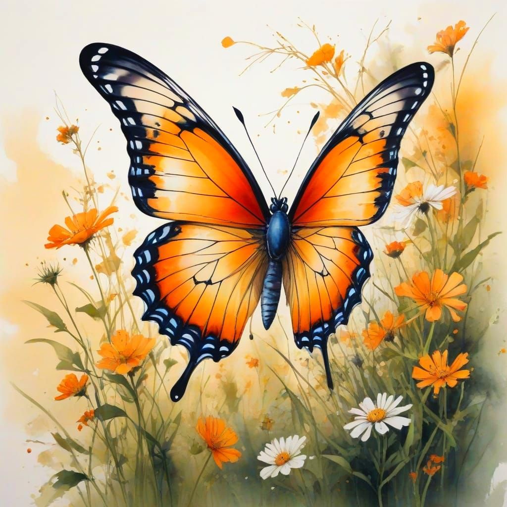 Surreal Watercolor Butterfly in a Golden Wildflower Meadow