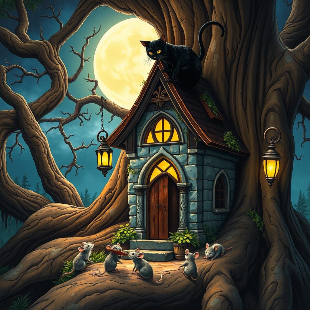 Whimsical Gothic Cottage Amidst Ancient Tree Roots at Night