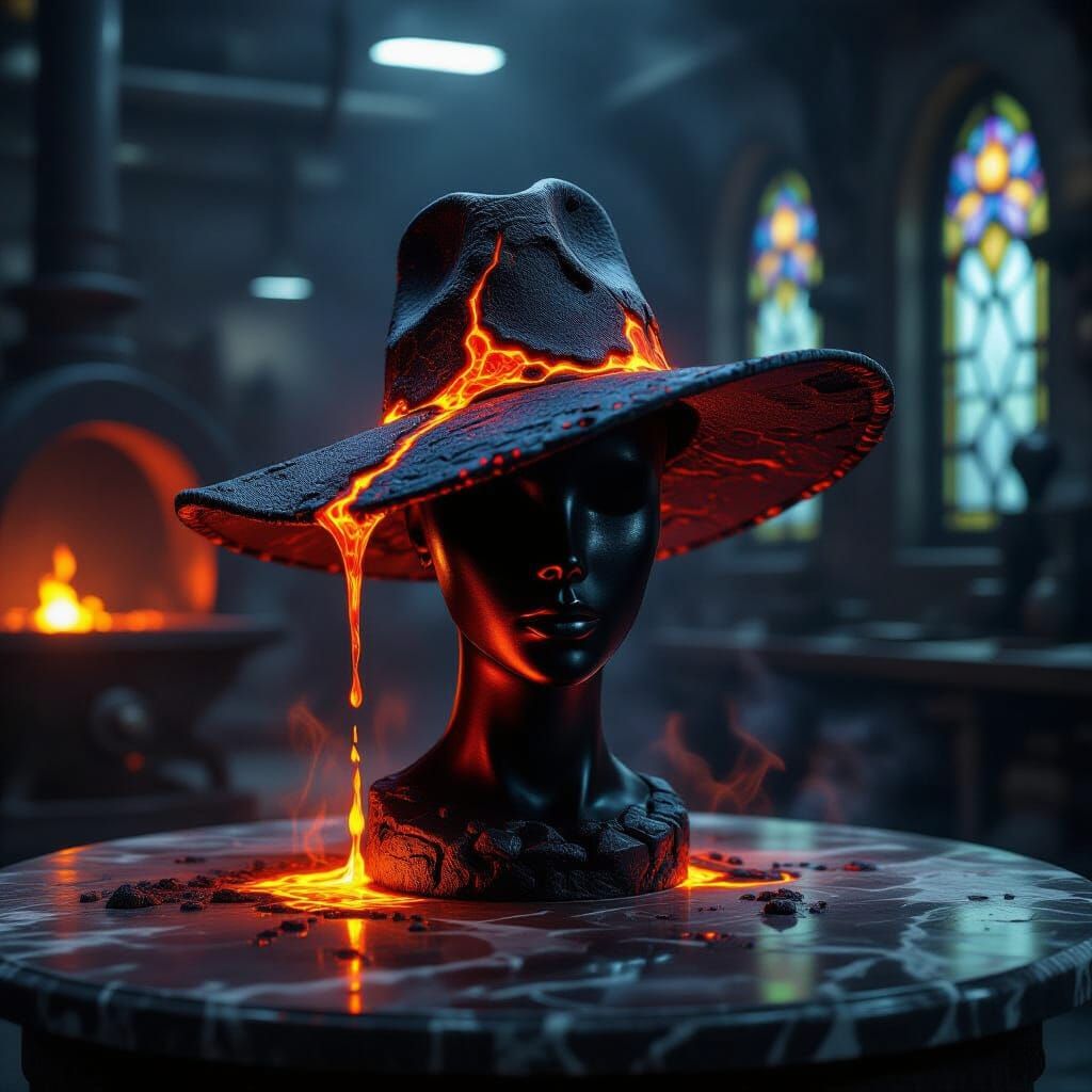 Molten Lava Hat on Mannequin Dark Fantasy Art