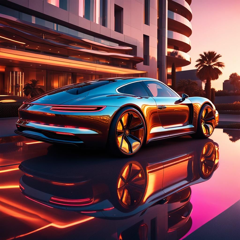 Futuristic Porsche at Luxury Hotel in Sci-Fi Style