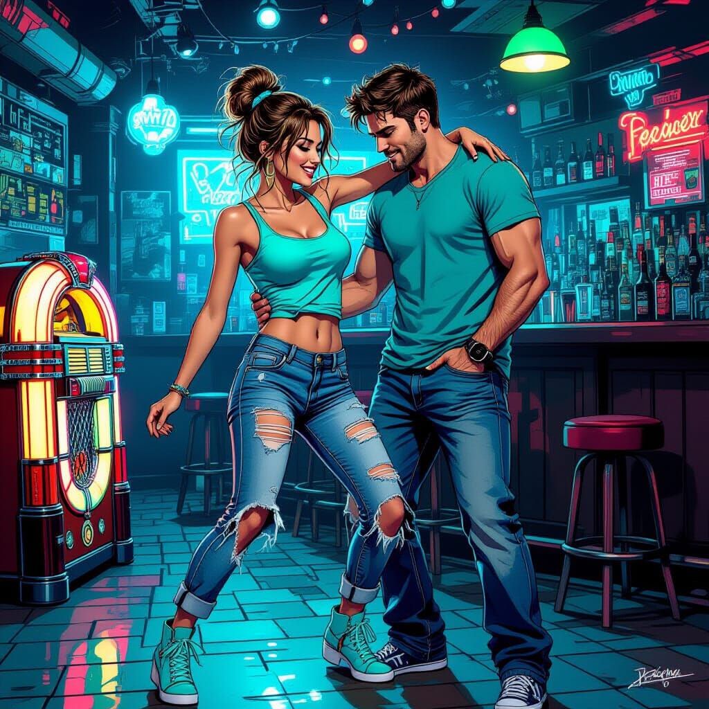 Vibrant Comic Art: Woman Dancing in Dive Bar