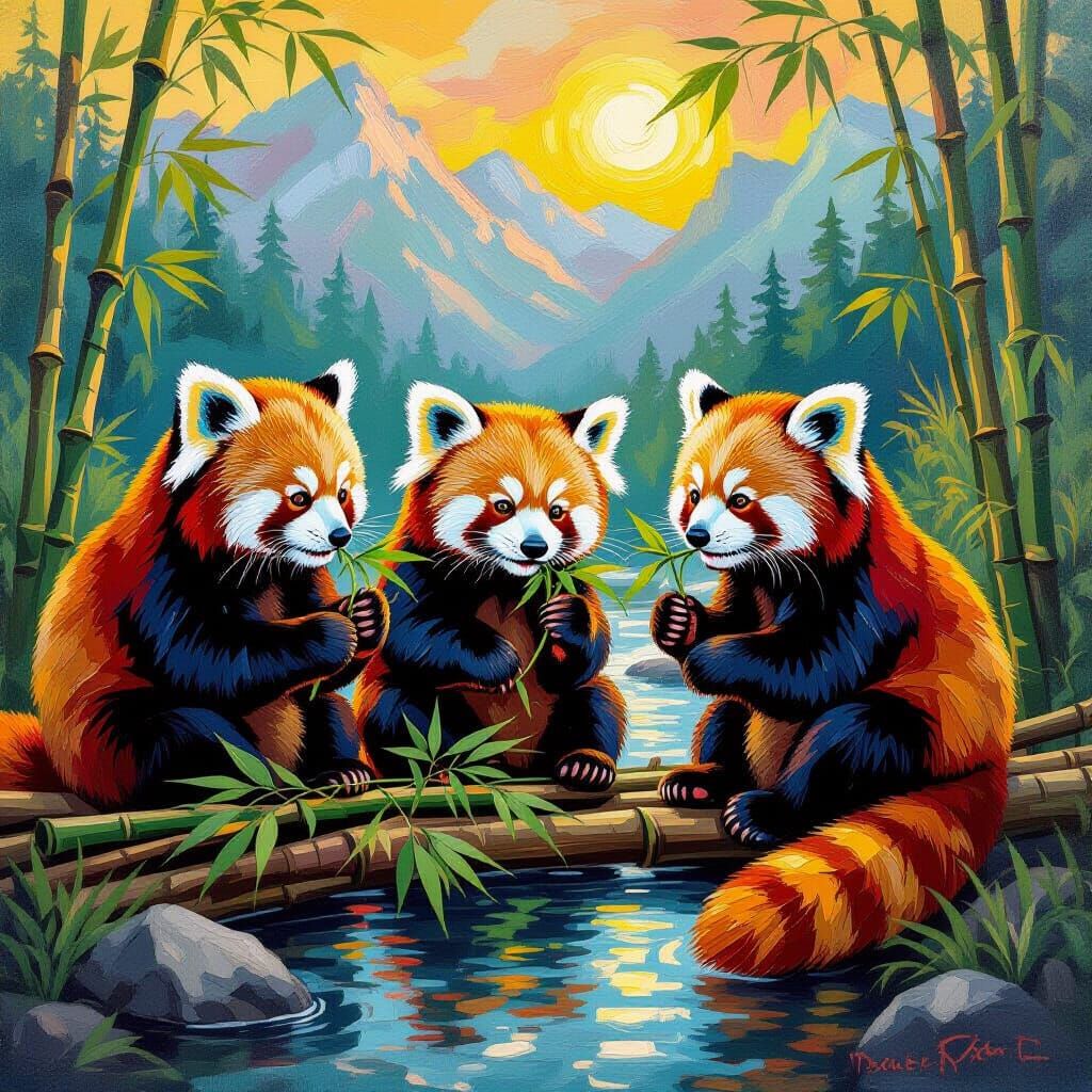 Cute Red Pandas Eating Bamboo in Neo-Impressionist Style