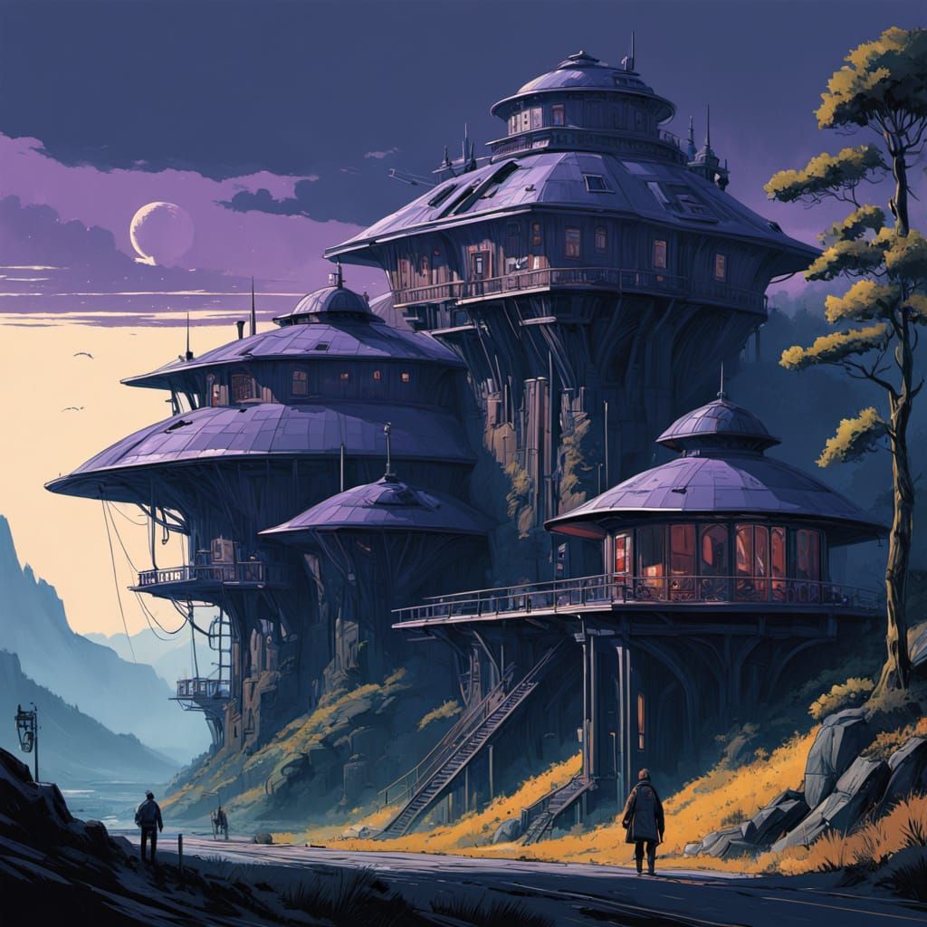 Ethereal Futuristic Village Amidst Turbulent Skies