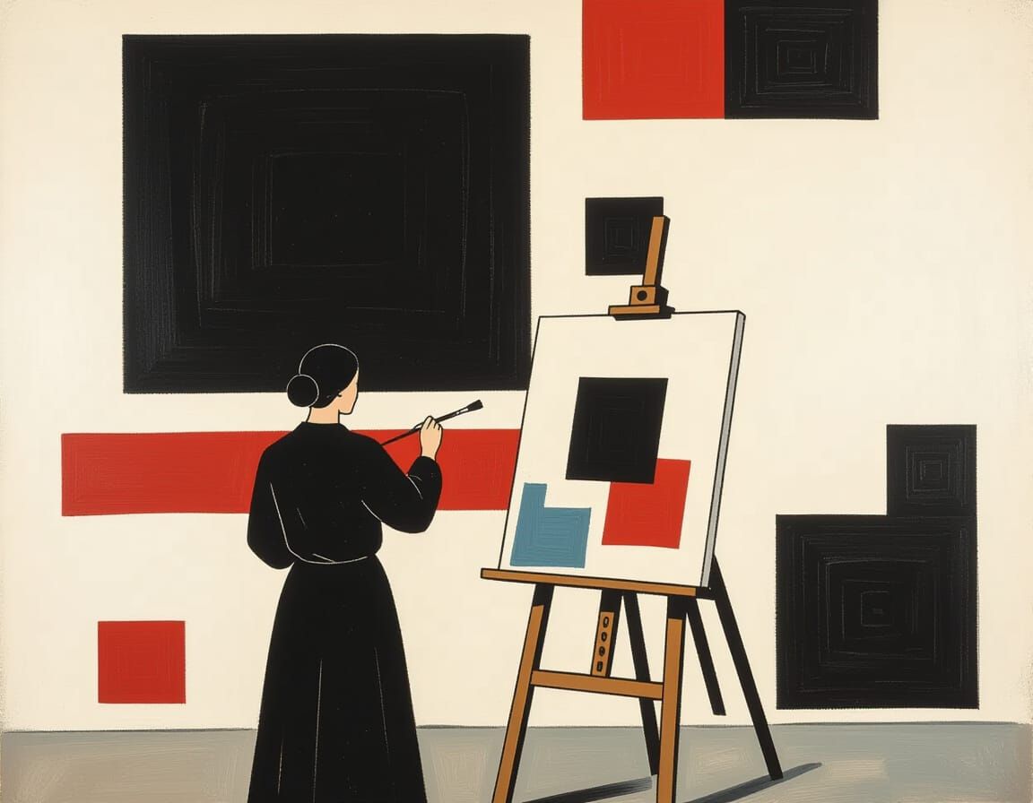 Abstract Figure Painting a Black Square in Suprematist Style