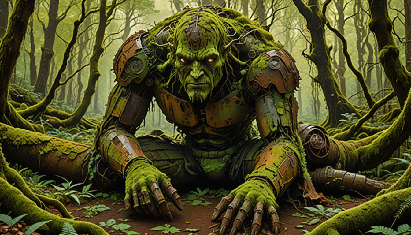 Surreal Masterpiece of Rusting Giant Amidst Verdant Forest