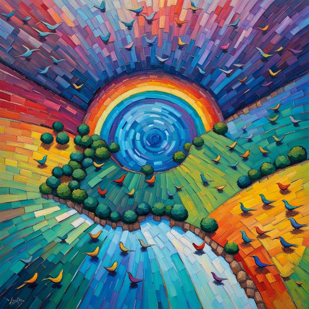 Rainbow Landscape in Neo-Impressionist Impasto Style