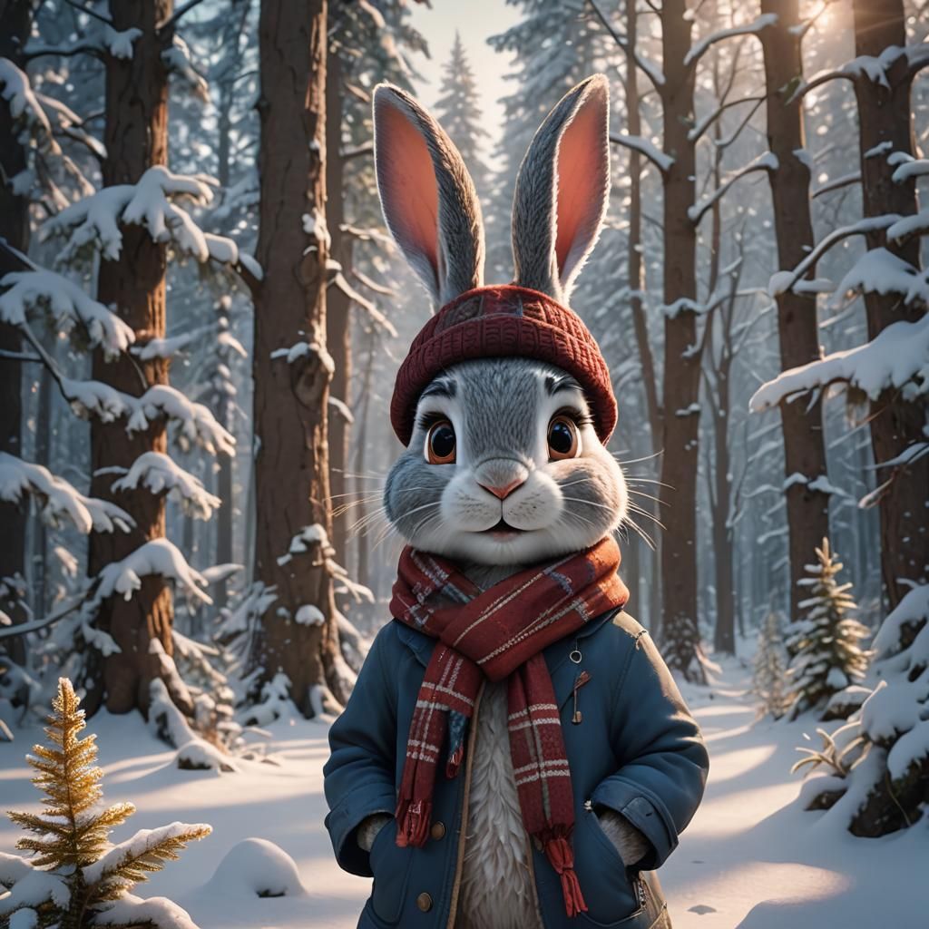 Rabbit in Snowy Forest: Disney-Style Illustration