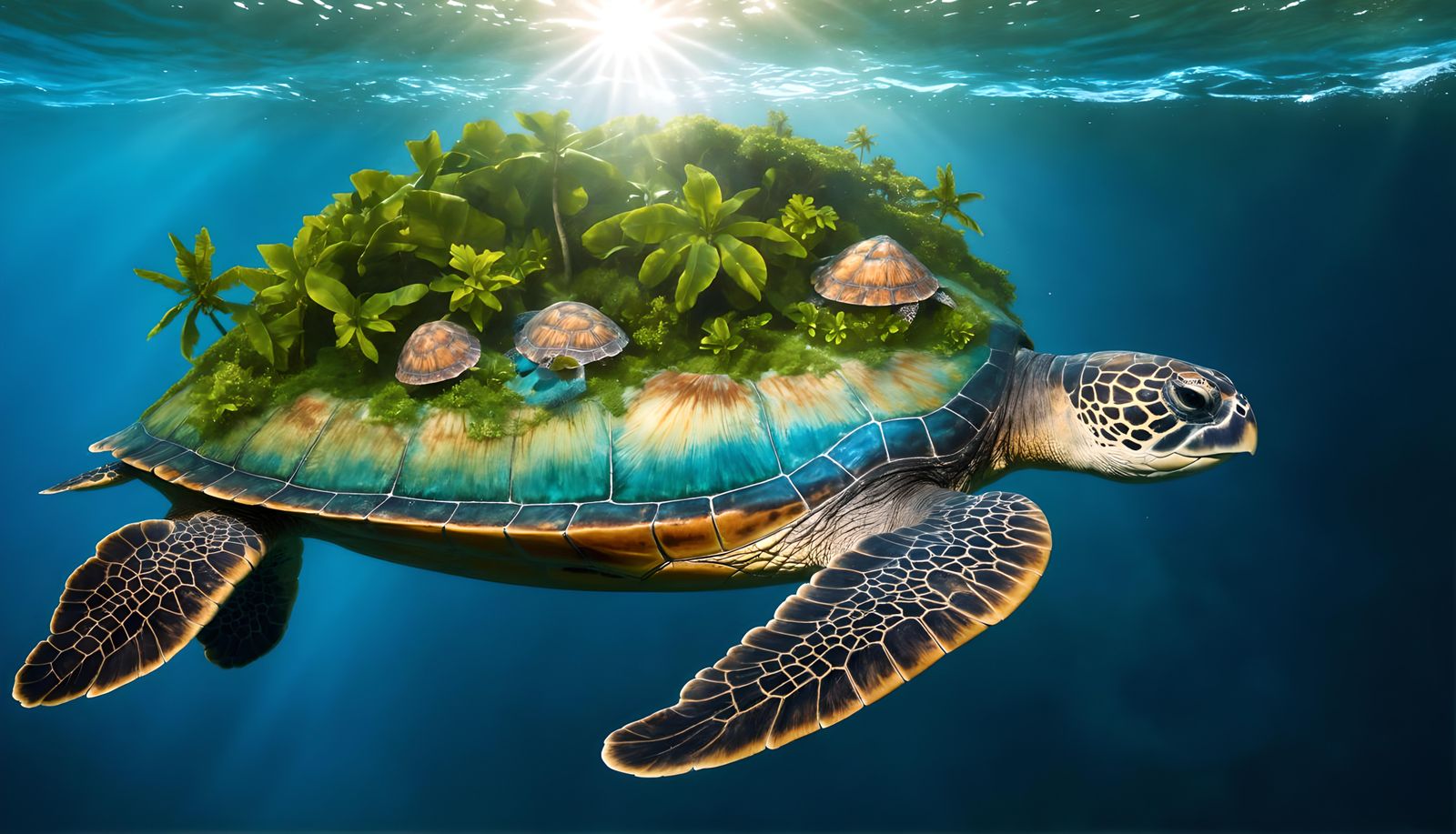 Sea Turtle Island: A Surreal Underwater Scene