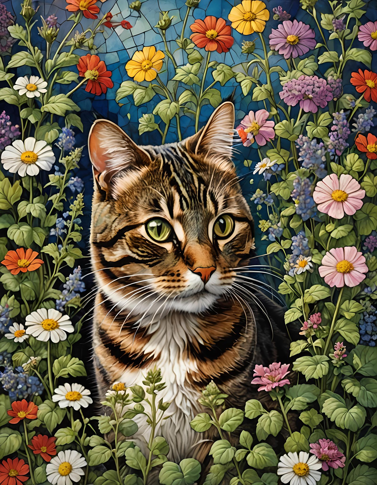 Tabby Cat in Catnip Garden: Watercolour Impasto Painting