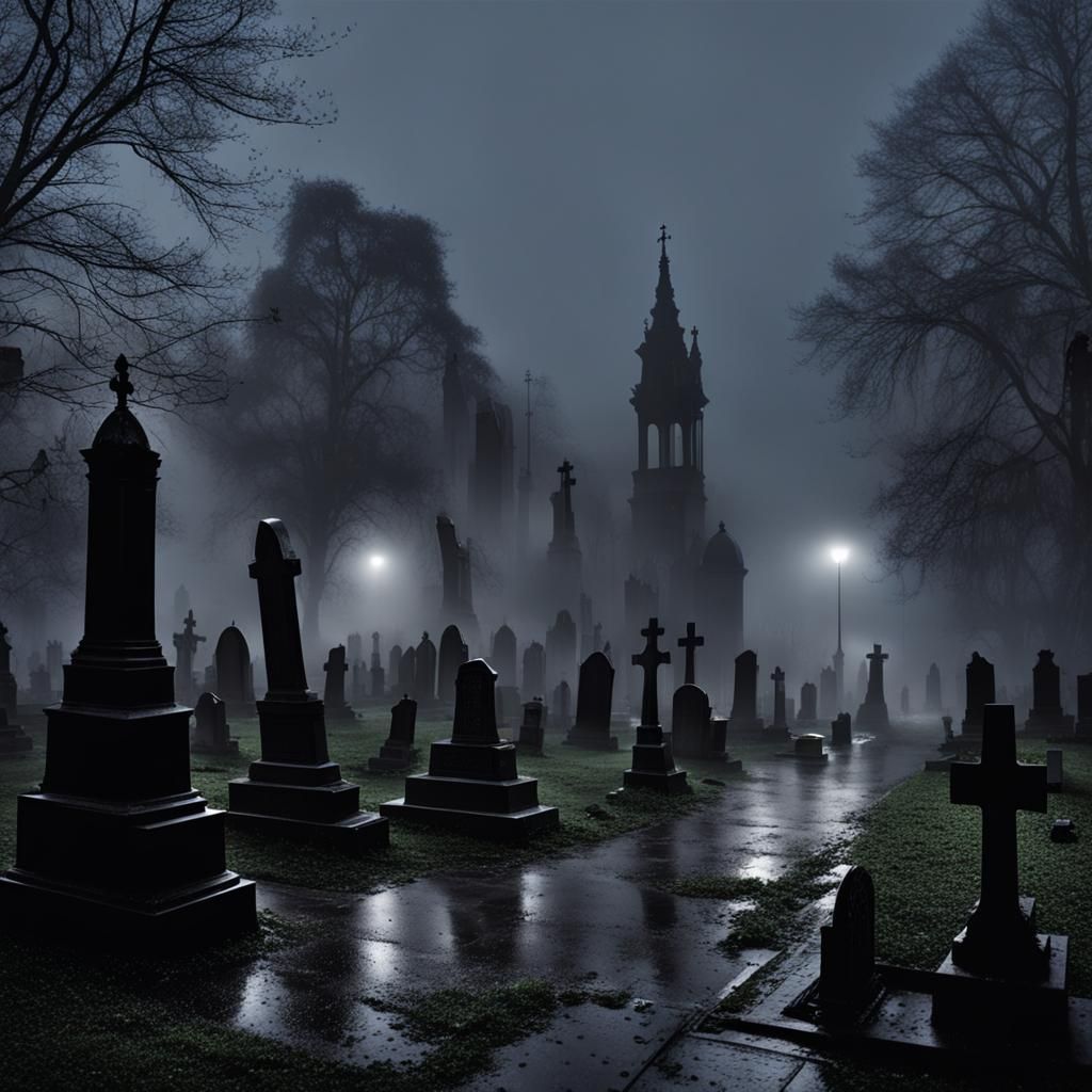 Misty Cemetery in Rainy City at Night