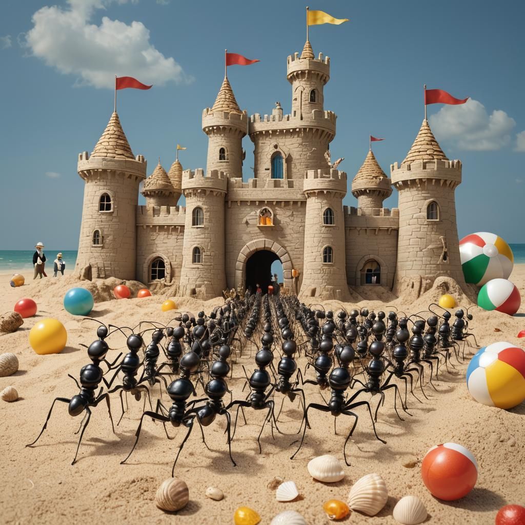 Industrious Ants Parade Before Sandcastle, Whimsical Illustr...