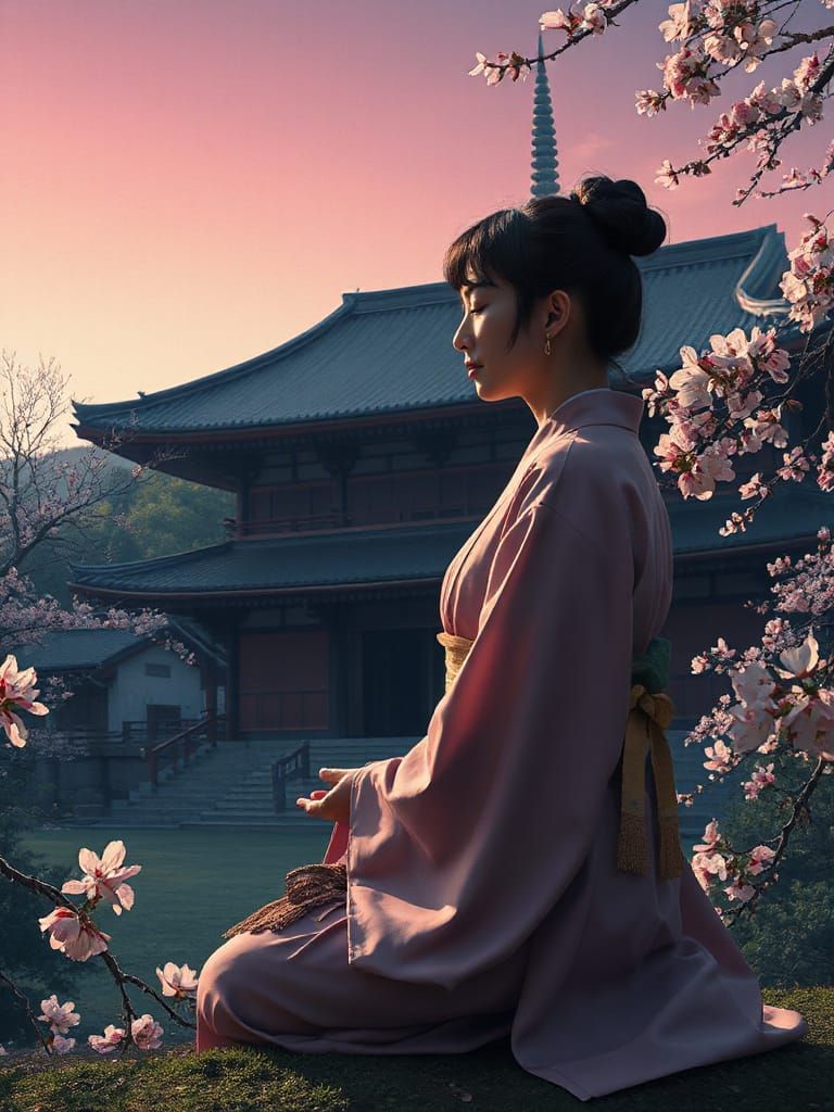 Asian Woman Meditating in Ancient Japanese Temple with Cherr...