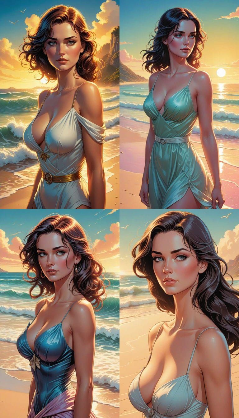 Woman on Beach in Comic Book Art Style