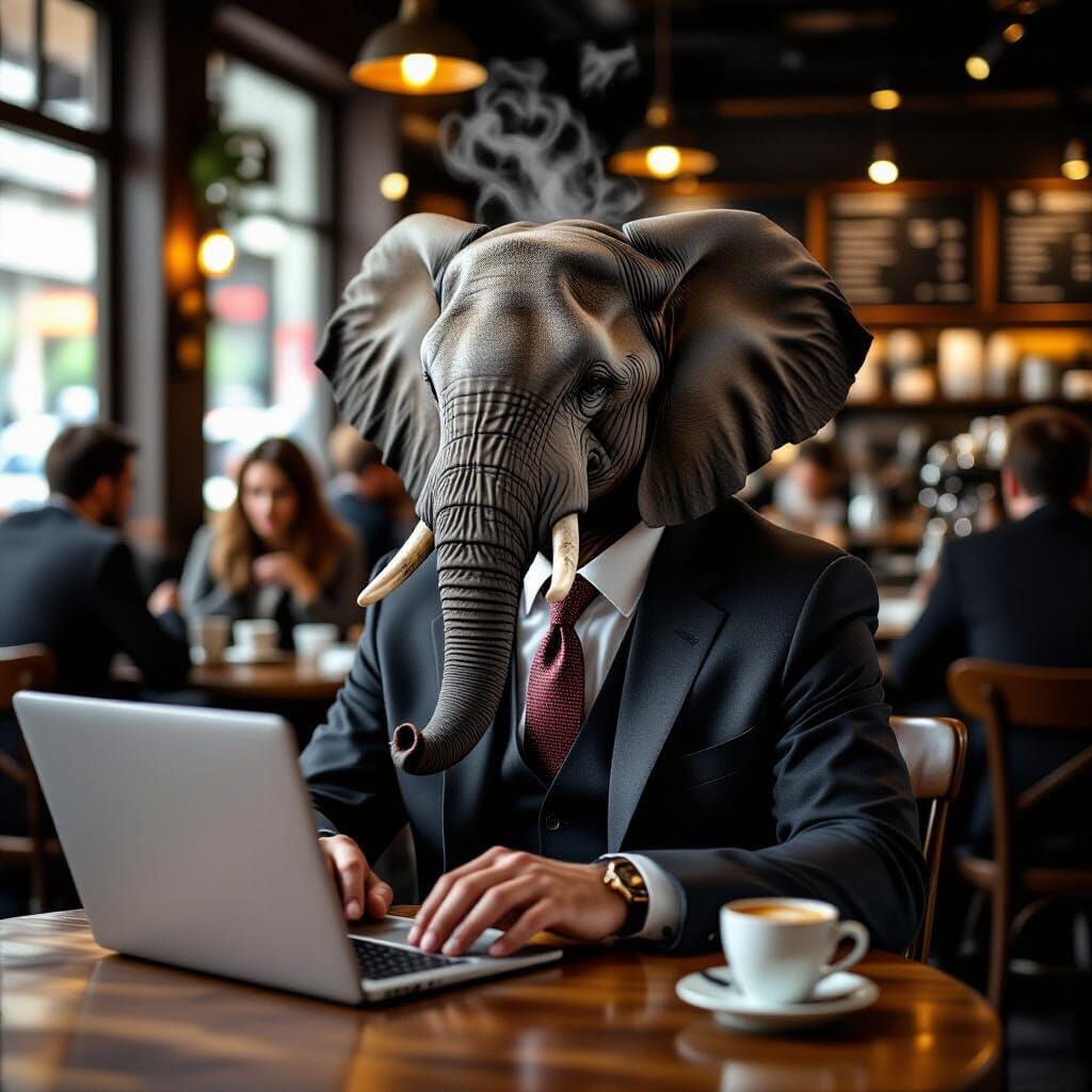 Elephant Businessman at Coffee Shop, Photorealistic