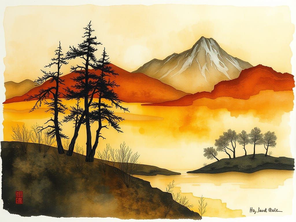 Tea-Stained Mixed Media Landscape