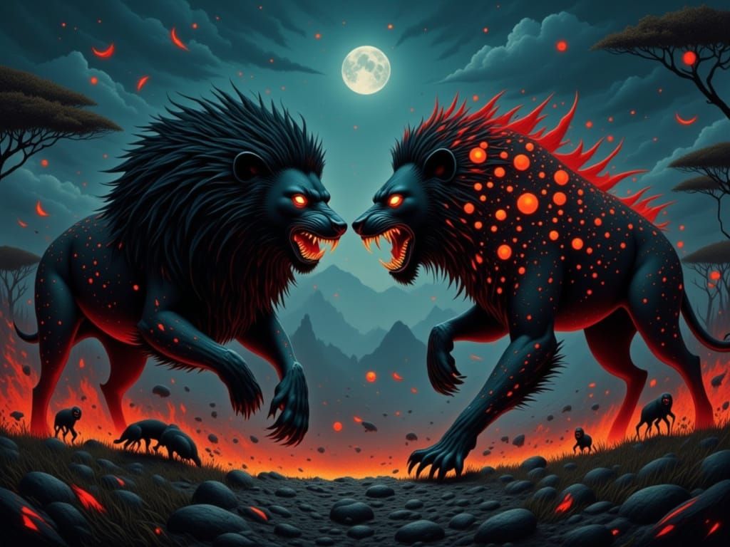 Surreal Battle of Fierce Lion and Hyena in Dark, Ominous Sav...