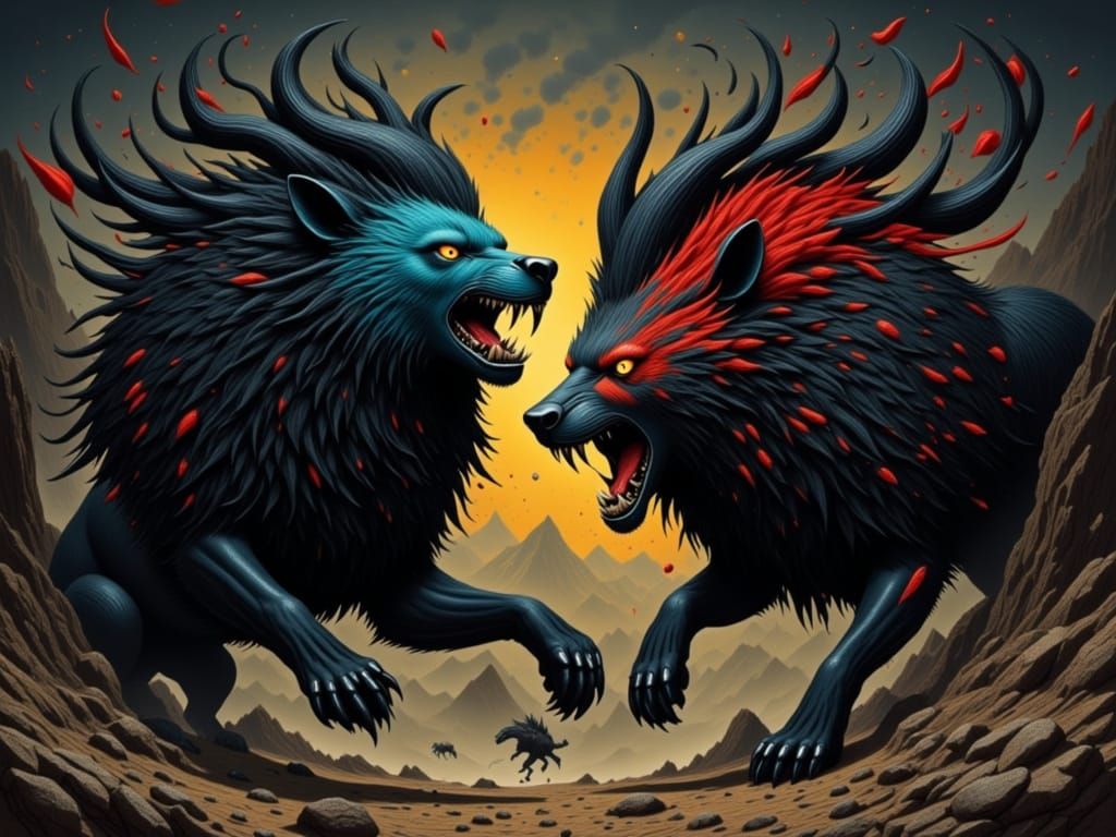 Female Lion and Hyena Engage in a Vicious Battle in a Dark, ...