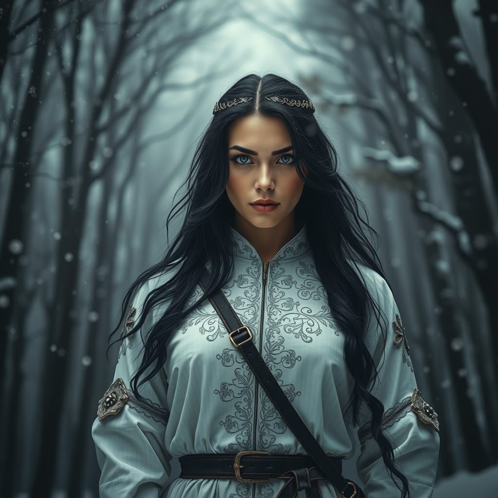 Woman Warrior in Snowy Forest, Hyperrealistic Style