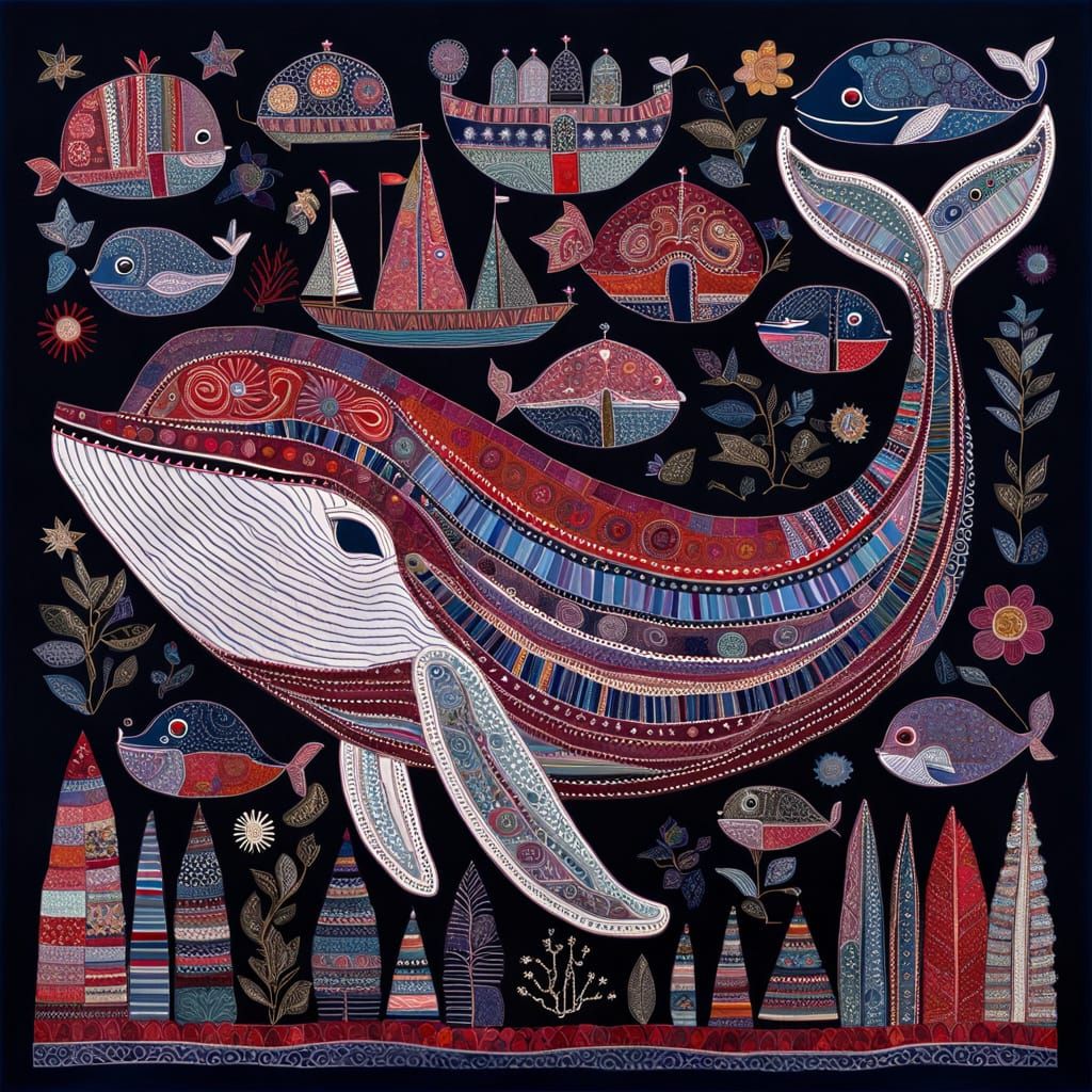 Whimsical Striped Whale Collage in Textile Art Style