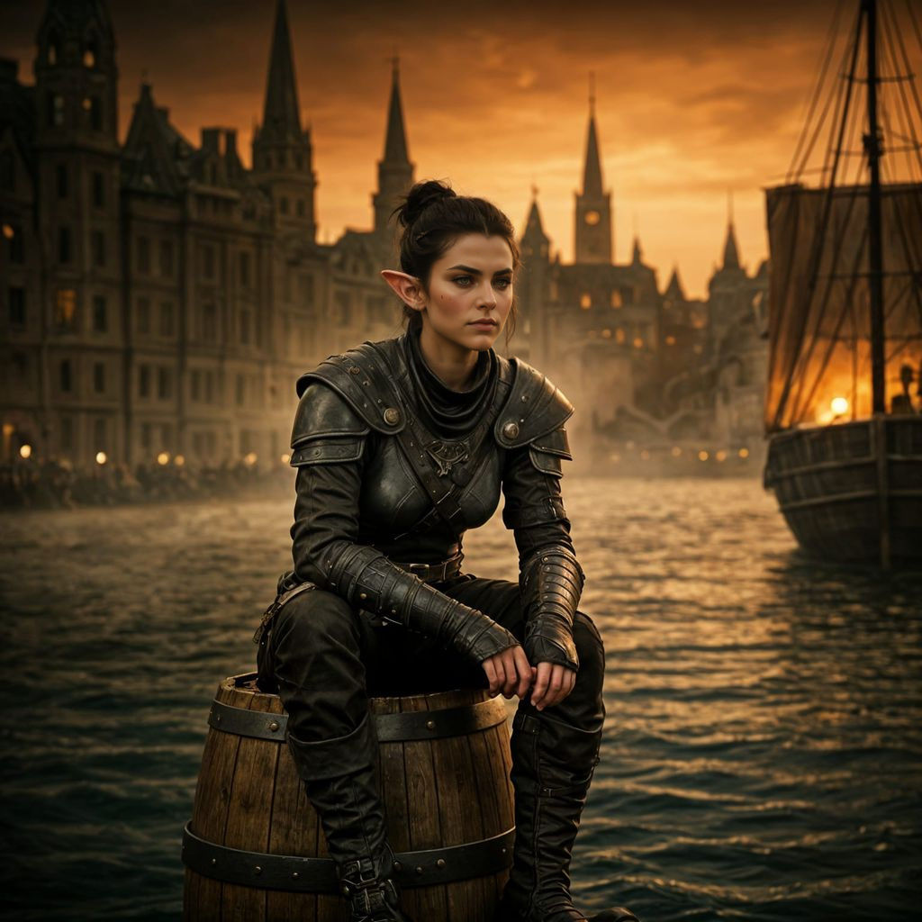 Epic Female Elf Bandit Scout in Dark Medieval City Docks