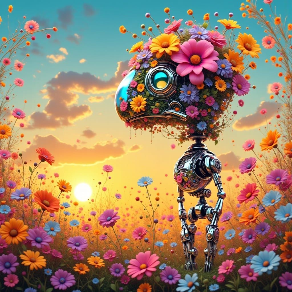 Robot Adorned with Flowers in a Vibrant Field