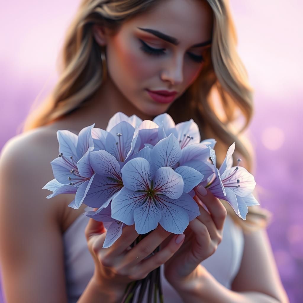 Ethereal Woman with Blue Flowers in Impressionist Style