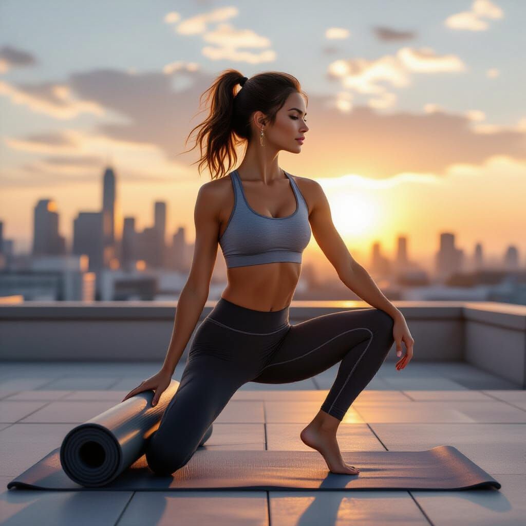 Sunrise Rooftop Gym: A Hyper-Realistic Digital Art Image
